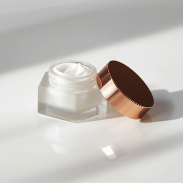 Luxury frosted cosmetic cream jar with gold lid on white background 3