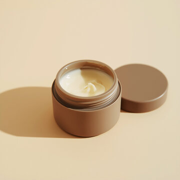 Minimalist beige skincare cream jar with open lid on warm background 4