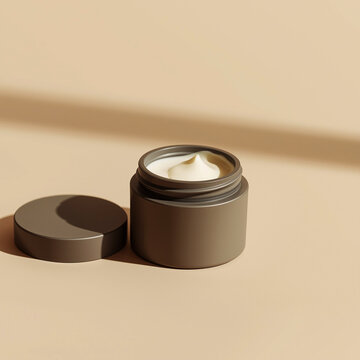 Minimalist beige skincare cream jar with open lid on warm background