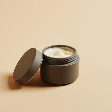 Minimalist beige skincare cream jar with open lid on warm background 2