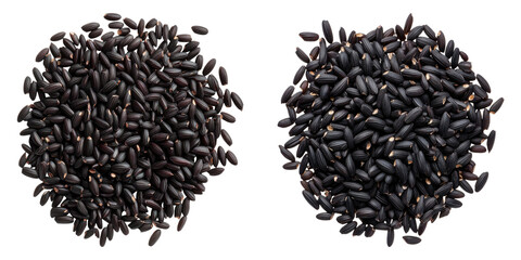 A close-up view of black rice grains, capturing the intricate details and textures of each individual grain. The dark color contrasts, showing a staple ingredient in various cuisines