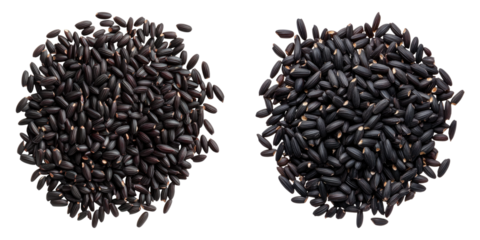 A close-up view of black rice grains, capturing the intricate details and textures of each individual grain. The dark color contrasts, showing a staple ingredient in various cuisines