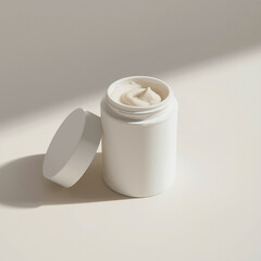 Minimalist white cosmetic jar with open lid on soft neutral background 3