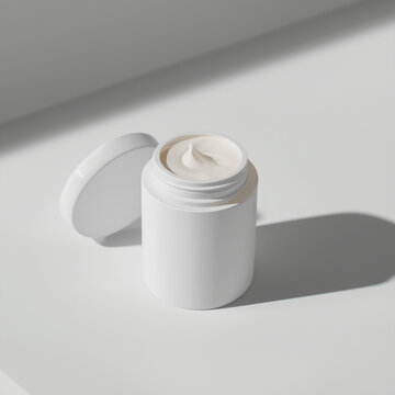 Minimalist white cosmetic jar with open lid on soft neutral background 2