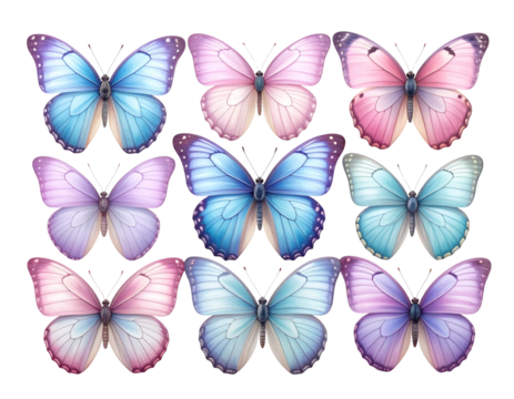 Collection of Pastel Colored Butterflies, Realistic Wing Texture Set, Isolated on Transparent Background