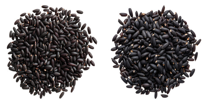 A close-up view of black rice grains, capturing the intricate details and textures of each individual grain. The dark color contrasts, showing a staple ingredient in various cuisines