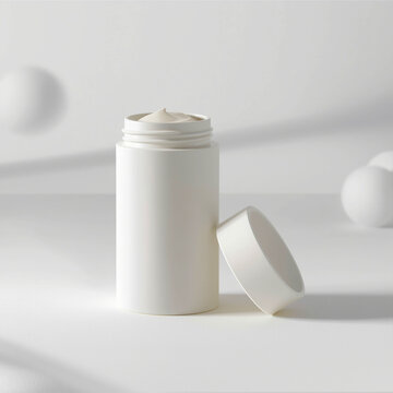 Minimalist white cosmetic jar with open lid on soft neutral background
