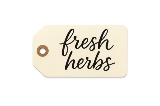 Fresh herbs tag with calligraphy script on transparent background