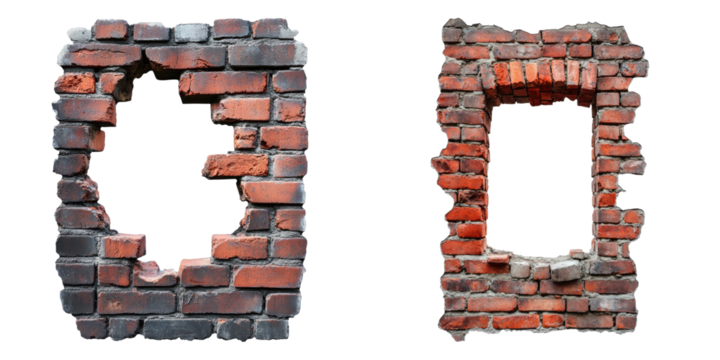 Two rectangular and rounded openings with the frame of brick wall