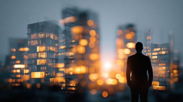 A businessman stands before a glowing city skyline at sunset, symbolizing ambition, finance, and opportunity in the modern corporate world