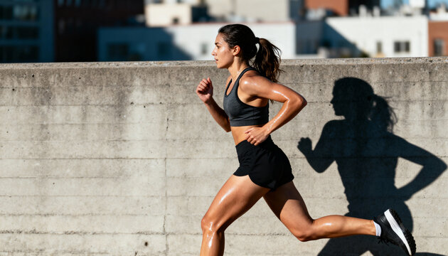 A strong athletic woman running outdoors in sunlight, sweating and focused, symbolizing endurance, motivation, and the power of determination in the pursuit of health and personal strength.