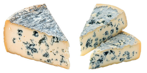 Delicious slices of blue cheese, showcasing a rich texture and exquisite flavors. The cheese is presented in attractive slices, emphasizing its unique taste