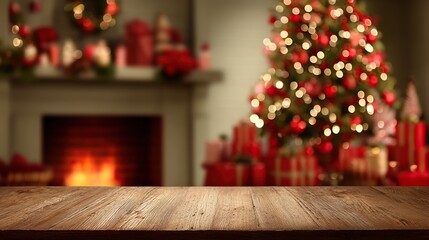 Christmas tree with red ornaments, blurred fireplace background and holiday decorations on wooden table creating festive winter celebration atmosphere.