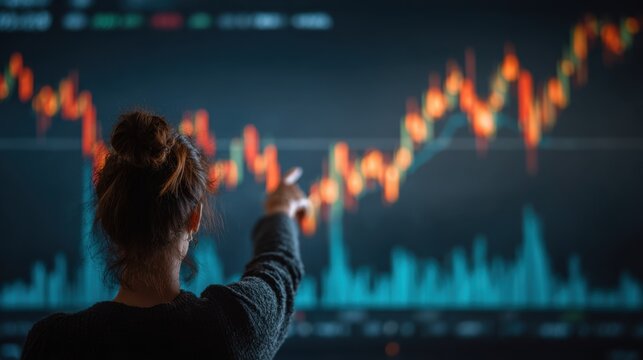 A businesswoman interacts with a digital financial chart displaying stock data, rising trends, and analytics in a futuristic interface. Investment growth, trading activity, and market performance