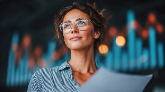 An investor woman holding a paper and looking up, digital charts of market trends and financial data behind her. Concept of investment, success, and strategic decision-making in finance