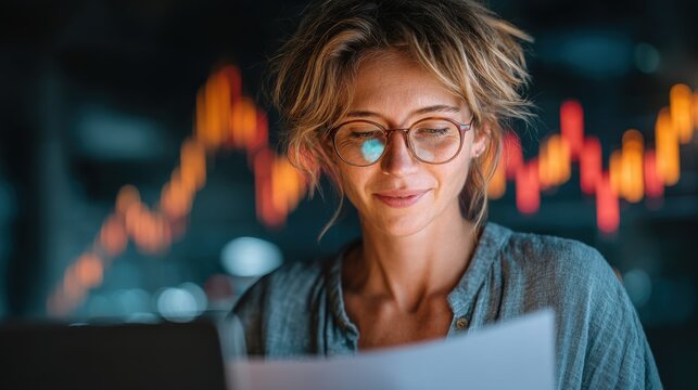An investor woman analyzes market trends and financial data, standing before glowing digital charts that symbolize growth and opportunity