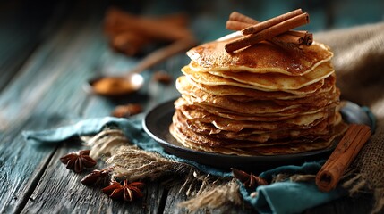 Stack of Pancakes with Cinnamon Sticks on Rustic Wooden Table
