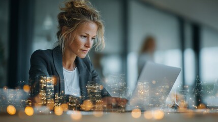 A focused investor or businesswoman works on her laptop. Finance, analytics, and strategic decision-making in the world of business and trading concepts