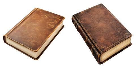 Two vintage leather-bound books side by side. Showing the textured covers and aged pages