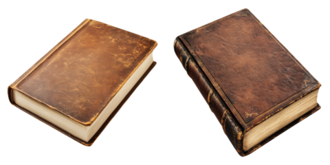 Two vintage leather-bound books side by side. Showing the textured covers and aged pages
