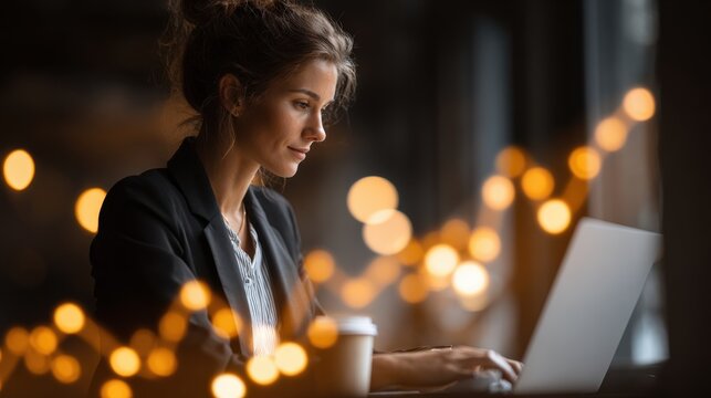 A focused investor or businesswoman works on her laptop. Finance, analytics, and strategic decision-making in the world of business and trading concepts