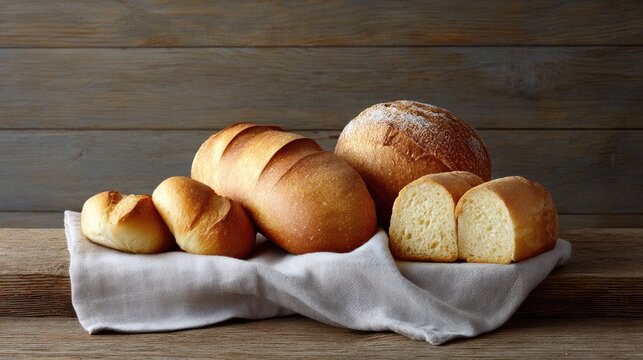 Freshly Baked Bread Loaves and Rolls Displayed on a Rustic Wooden Table with a Soft Cloth for a Gastronomic Delight in Natural Light