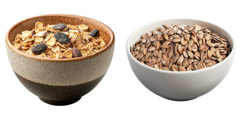 Two bowls filled with granola and oats, perfect for a healthy breakfast. Granola featuring oats, nuts, and dried fruit, while the second bowl contains rolled oats