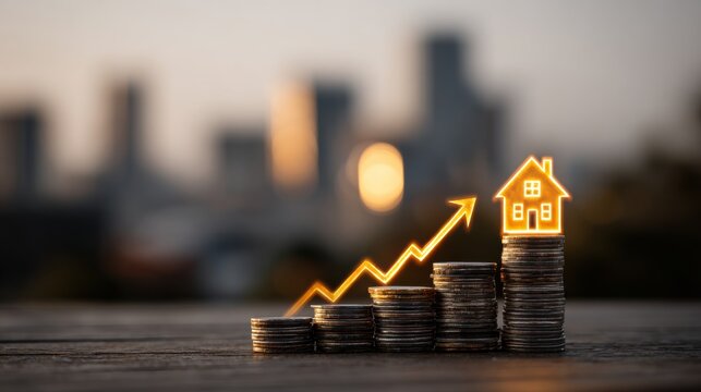 Stacks of coins rise beside a glowing house icon. Increasing property value, financial growth, and real estate investment success, profit, market trends, and the rise of assets and housing concepts