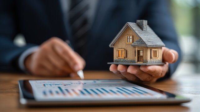 A businessman or real estate agent holds a miniature model house while analyzing financial charts on a tablet. Real estate investment, property market analysis, and strategic investment decisions