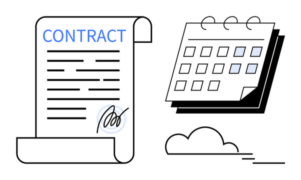 Signed contract document alongside calendar and cloud icon. Ideal for agreement, deadline, planning, task, business, scheduling, data. Clean and simple flat metaphor