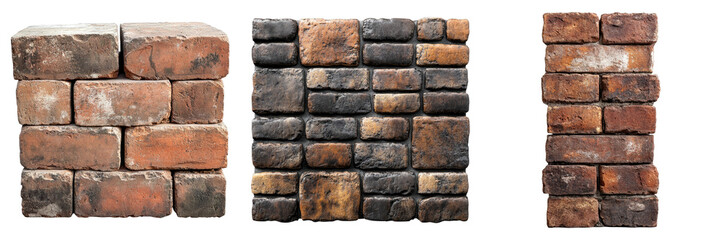 Three brick structures showcasing various brick patterns and textures. Each structure features a unique arrangement of bricks, providing a range of design ideas.