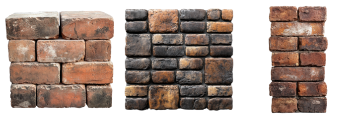 Three brick structures showcasing various brick patterns and textures. Each structure features a unique arrangement of bricks, providing a range of design ideas.