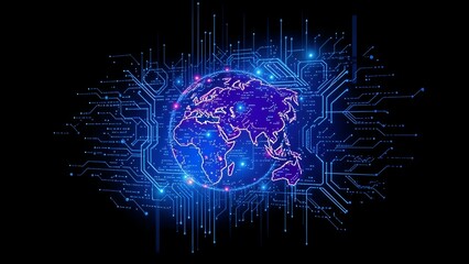 Fototapeta premium Earth globe surrounded by interconnected glowing lines and nodes indicating network connectivity resembling a circuit board