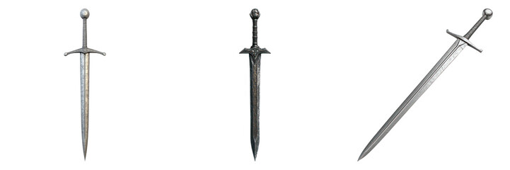 Three shiny swords showcasing different designs, standing upright against an unknown background. These swords present various blade styles and hilts, ready for any adventure. 