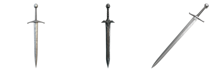Three shiny swords showcasing different designs, standing upright against an unknown background. These swords present various blade styles and hilts, ready for any adventure. 