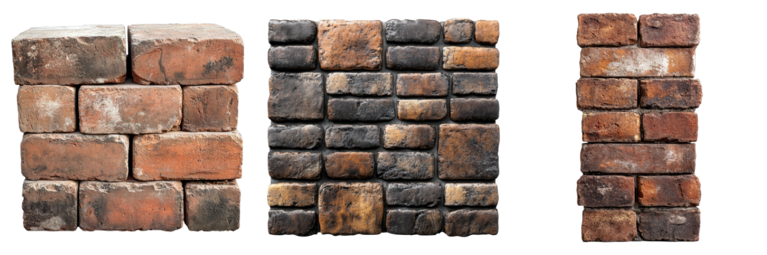 Three brick structures showcasing various brick patterns and textures. Each structure features a unique arrangement of bricks, providing a range of design ideas.