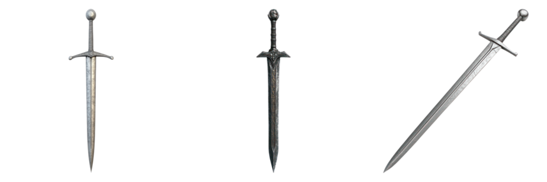 Three shiny swords showcasing different designs, standing upright against an unknown background. These swords present various blade styles and hilts, ready for any adventure. 
