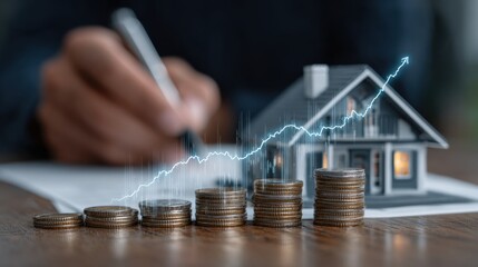 Stacks of coins rise with a miniature house, financial graph overlay. Concepts of financial planning, wealth accumulation, and smart investment in real estate and business assets