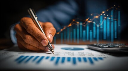 Business professional analyzing financial reports with a pen in hand. Stock graphs and data charts overlay showing growth and investment performance