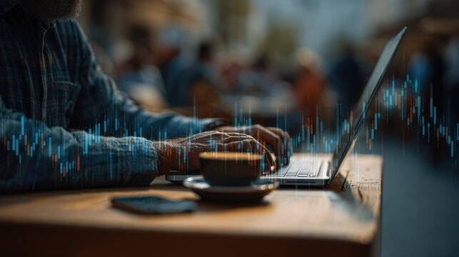 Person working on a laptop with a stock market chart overlay, coffee cup on a wooden table. Concept of modern investing, remote financial work, and a relaxed trading environment
