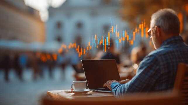 An investor works on a laptop at an outdoor café while analyzing digital stock market data. Modern financial freedom and remote trading. Candlestick chart overlays