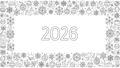 Charming 2026 New Year outline design featuring festive snowflakes and baubles, perfect for seasonal greetings and holiday promotions for a touch of winter joy