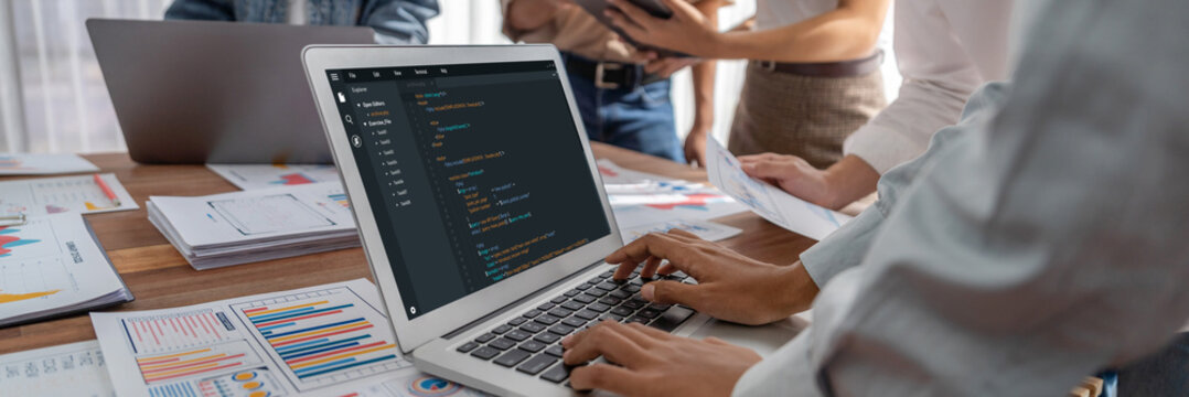 Software development programming on computer screen for brisk application and program coding