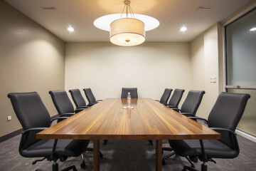 Empty conference table with chairs and pendant light in board room.