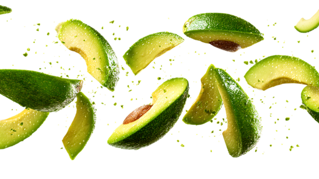 Fresh avocado slices falling with water droplets on a clean transparent background for design