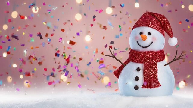 A cheerful snowman with a red sparkly hat and scarf stands on snow with colorful confetti falling and bokeh lights in the background.