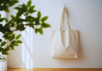 Blank Tote Bag Mockup: Hanging on White Wall. Clean, Minimalist & Realistic for Logo & Brand Identity