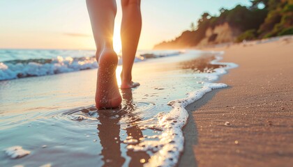 Sun-Kissed Steps: Barefoot Walk on a Glistening Shore at Golden Sunset