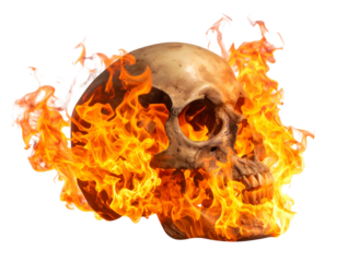 A human skull engulfed in flames against a black background, showcasing a visual of burning, death, and mortality