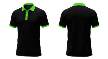 Black polo shirt green trim apparel fashion garment clothing style casual wear front back view design template on transparent background